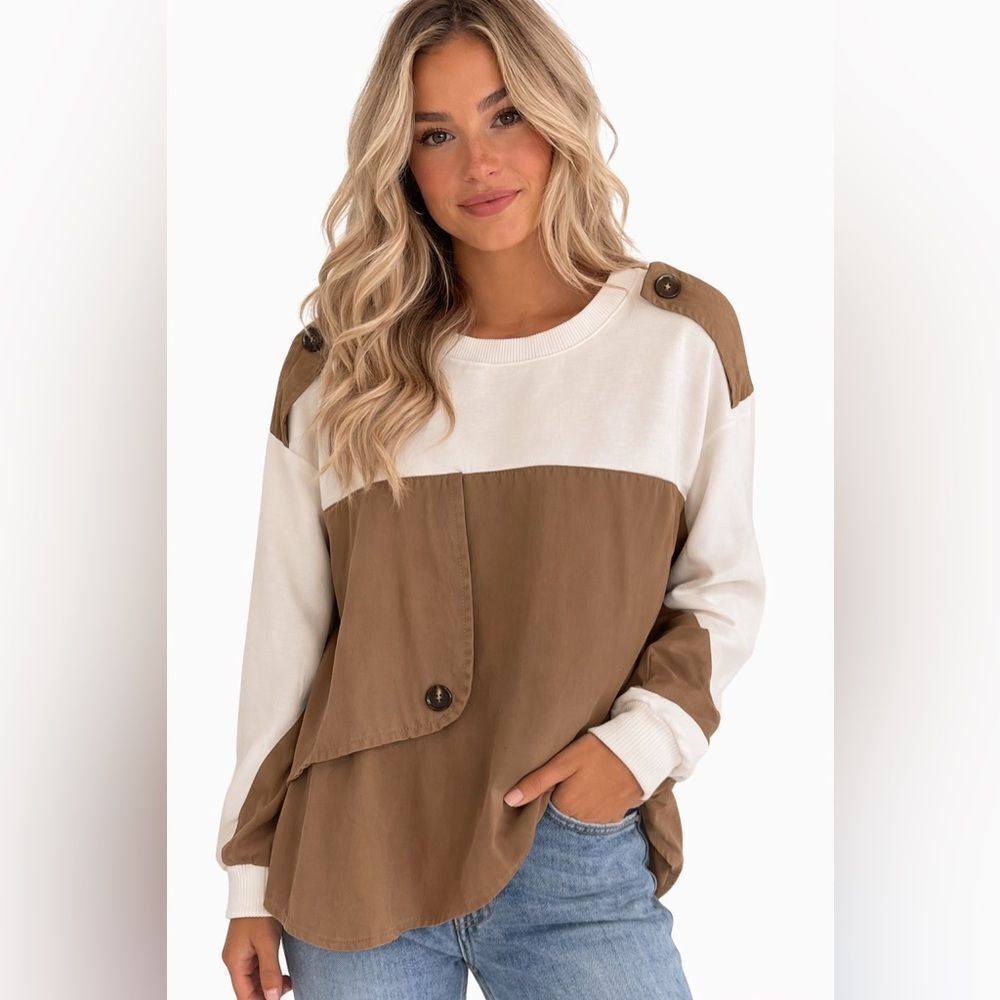 Joh Colorblock Utility Tunic Top – Cream & Camel | Size Small